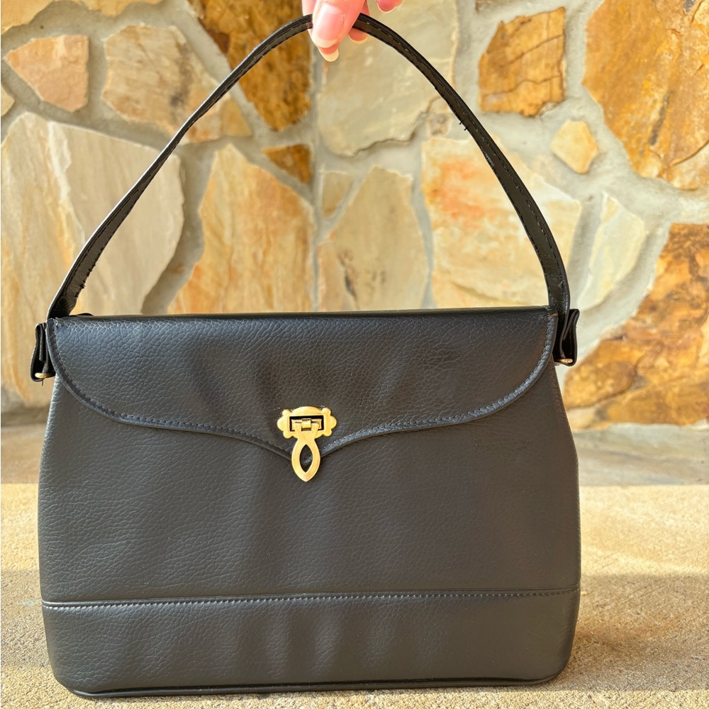 1940’s Vintage Black Leather Handbag with Brass Hardware